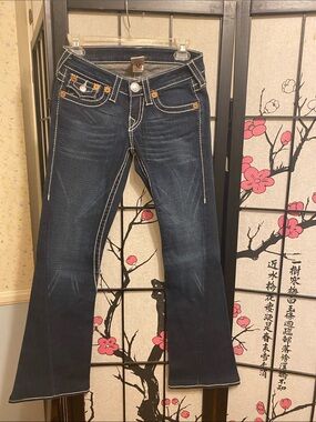 True Religion Dark Indigo Flare Jeans with Contrast Stitching